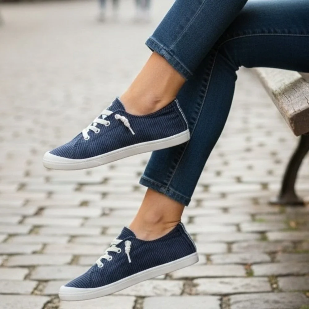 Roxy Surf Bayshore Navy Blue Striped Slip On Sneakers Womens 9 Casual Shoes 344L